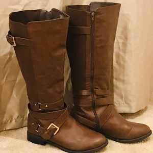 Preowned Brown Multi Buckle Strap Gore Tall Boots